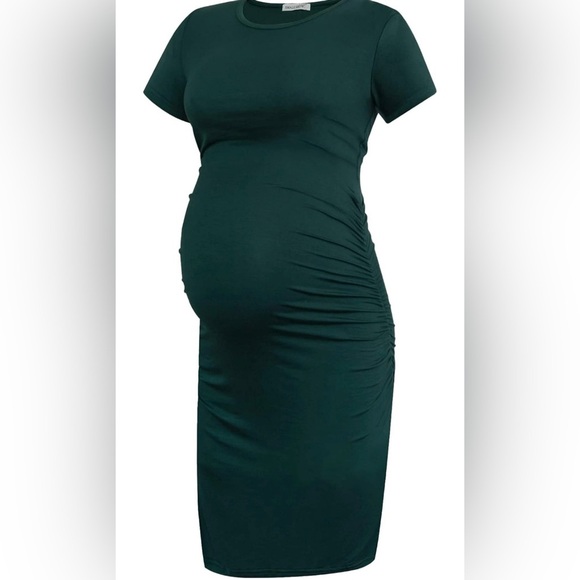 Dresses & Skirts - Maternity Size Large Short Sleeve Dress Dark Teal Green Stretchy Knee Length